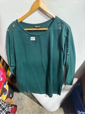 #4235-B.Y.design Forest Green Long-Sleeve Eyelet-Accent Top